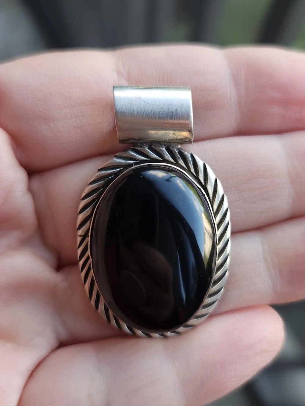 Handmade Sterling Silver 925 Taxco Mexico Black Onyx Oval Statement Pendant
